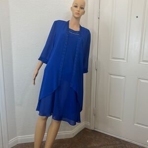 Le Bos Sz 12P Dress & Jacket Set Royal Blue Diamond Accent Scoop Neck Sleeveless